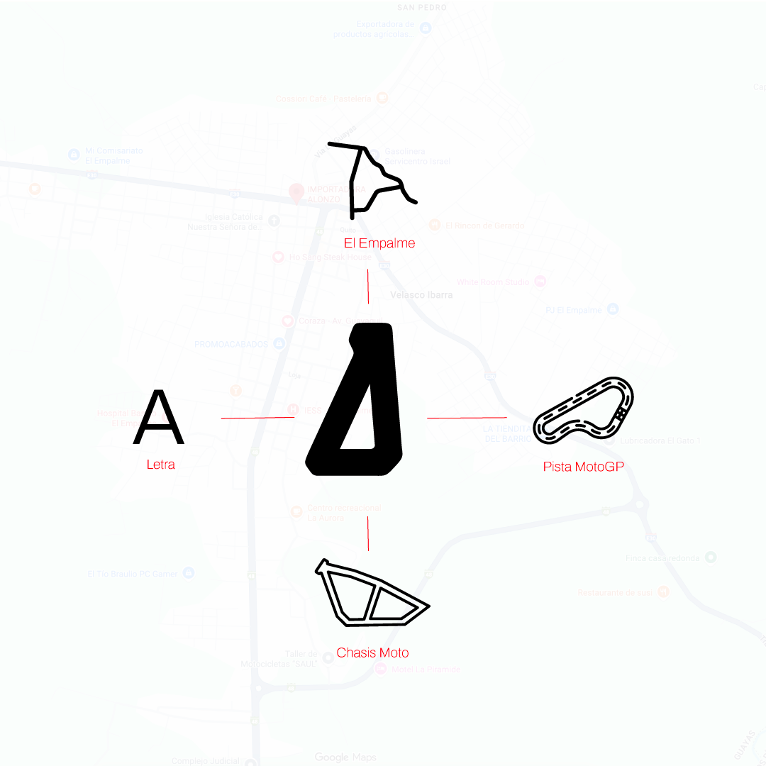 Construcción geométrica del isotipo de Alonzo a partir del trazado urbano de El Empalme, la letra A, una pista de MotoGP y el chasis de una moto