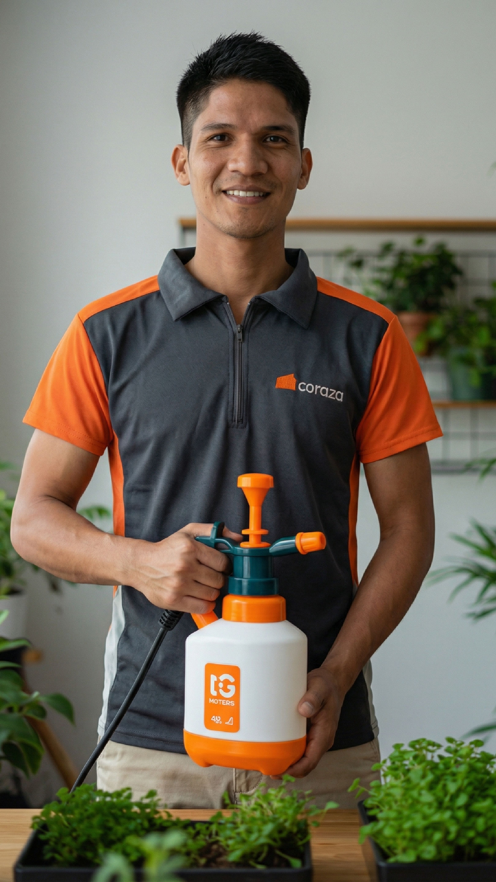 Hombre con fumigador manual entre plantas