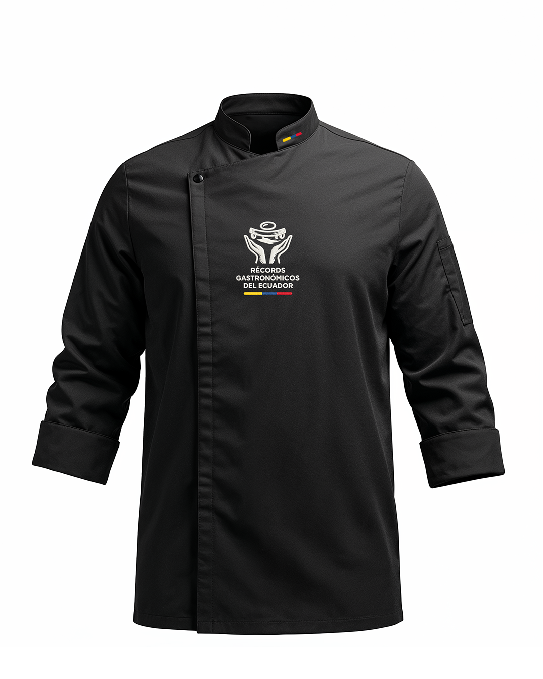Chaqueta de chef negra con logo bordado Récord Gastronómico del Ecuador